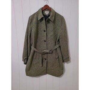 LL Bean Peacoat Womens Large Green Wool Silk Belt Vintage Fall Winter Classic